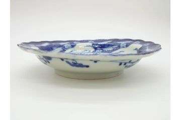 江戸〜明治　伊万里　染付　約17cm　5.6寸　魚花紋と色合いが涼しげな輪花皿5枚セット(五寸六分、中皿、和食器)(R-069856)