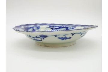 江戸〜明治　伊万里　染付　約17cm　5.6寸　魚花紋と色合いが涼しげな輪花皿5枚セット(五寸六分、中皿、和食器)(R-069856)