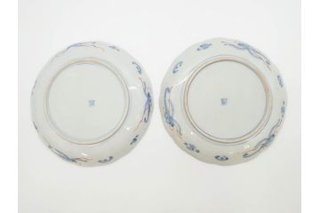 明治期　伊万里焼　錦手　金襴手　染錦　二重角富(角冨)　金彩　色絵　桃図　7.7寸皿　約24cm　煌びやかで豪華な絵付けの中皿2枚セット(深皿、和皿、和食器、七寸七分)(R-069862)