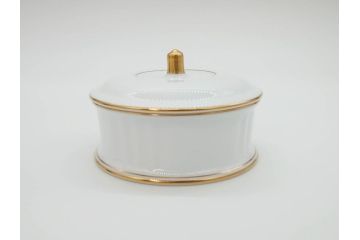 稀少　大倉陶園　瑠璃(台座付き)　色蒔き(ピンク)　飯田深雪コラボ(Miyuki Iida)　ゴールドラインのデザインが目を惹くシュガーポット&花瓶3点セット(ボンボン、菓子器、洋食器、花器、箱付き)(R-069863)