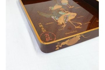 江戸期　時代物　法橋光琳　方祝　木製　鶴菊　螺鈿　金彩　蒔絵　梨子地　優美な鶴が印象的な文箱(書道具、小箱、硯箱、ツル、共箱付き)(R-069894)