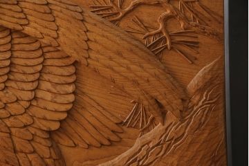 和製ビンテージ　高級品　欅(ケヤキ)材　井波彫刻　斉藤光洋作　1枚板　迫力ある彫刻が素晴らしい漆塗り枠の衝立て(つい立て、衝い立て、仕切り、パーテーション、一枚板、ヴィンテージ)(定価約180万円)(R-069943)