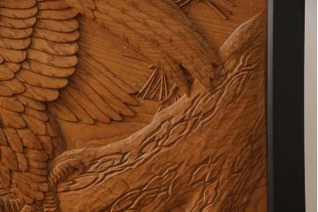 和製ビンテージ　高級品　欅(ケヤキ)材　井波彫刻　斉藤光洋作　1枚板　迫力ある彫刻が素晴らしい漆塗り枠の衝立て(つい立て、衝い立て、仕切り、パーテーション、一枚板、ヴィンテージ)(定価約180万円)(R-069943)