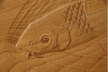 和製ビンテージ　高級品　欅(ケヤキ)材　井波彫刻　斉藤光洋作　1枚板　迫力ある彫刻が素晴らしい漆塗り枠の衝立て(つい立て、衝い立て、仕切り、パーテーション、一枚板、ヴィンテージ)(定価約180万円)(R-069943)