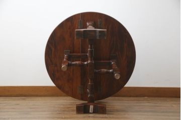 中古　美品　九州民芸家具　大人の落ち着きのある空間づくりにおすすめの小さなバタフライサイドテーブル(バタフライテーブル、ラウンドテーブル、ゲートレッグテーブル、ダイニングテーブル、丸テーブル、食卓、2人掛け、二人掛け)(R-069948)