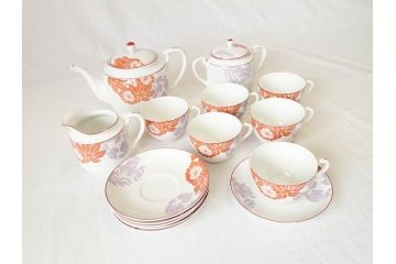 戦前・昭和初期　オールド　東洋陶器　TOYOTOKI KOKURA JAPAN　おしゃれな色合いが華やかな空間を演出してくれるティーセット(東陶、トートー、ティーポット、ティーカップ、ソーサー、クリーマー、ミルクジャー、シュガーポット、箱付き)(R-069952)