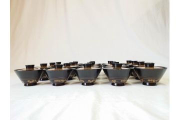 戦前　大正〜昭和初期　熊野漆器店　輪島塗　布着本堅地　煌びやかな鳳凰の蒔絵が高級感溢れる吸物椀20客(木製、黒漆、お椀、和食器、共箱付き)(R-069954)