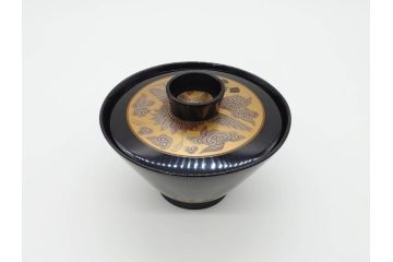 戦前　大正〜昭和初期　熊野漆器店　輪島塗　布着本堅地　煌びやかな鳳凰の蒔絵が高級感溢れる吸物椀20客(木製、黒漆、お椀、和食器、共箱付き)(R-069954)