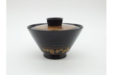 戦前　大正〜昭和初期　熊野漆器店　輪島塗　布着本堅地　煌びやかな鳳凰の蒔絵が高級感溢れる吸物椀20客(木製、黒漆、お椀、和食器、共箱付き)(R-069954)