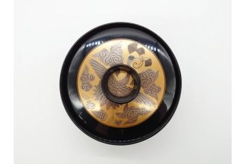 戦前　大正〜昭和初期　熊野漆器店　輪島塗　布着本堅地　煌びやかな鳳凰の蒔絵が高級感溢れる吸物椀20客(木製、黒漆、お椀、和食器、共箱付き)(R-069954)