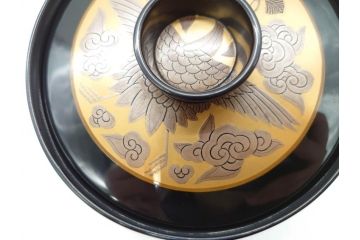 戦前　大正〜昭和初期　熊野漆器店　輪島塗　布着本堅地　煌びやかな鳳凰の蒔絵が高級感溢れる吸物椀20客(木製、黒漆、お椀、和食器、共箱付き)(R-069954)