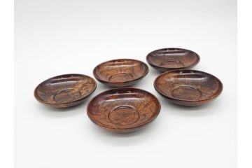 人間国宝　川北良造　欅(ケヤキ)杢　上品な和の雰囲気と美しい杢目が目を惹く茶托5枚セット(共箱付き、木製皿、小皿)(R-069960)
