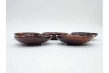 人間国宝　川北良造　欅(ケヤキ)杢　上品な和の雰囲気と美しい杢目が目を惹く茶托5枚セット(共箱付き、木製皿、小皿)(R-069960)