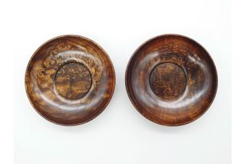 人間国宝　川北良造　欅(ケヤキ)杢　上品な和の雰囲気と美しい杢目が目を惹く茶托5枚セット(共箱付き、木製皿、小皿)(R-069960)