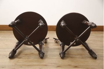 和製ビンテージ　九州民芸家具　凝った意匠が目を惹くシックな佇まいの南京小椅子2脚セット(板座チェア、ダイニングチェア、イス、いす、ヴィンテージ)(R-069968)