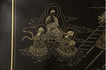 和製ビンテージ　最高級　輪島塗り　沈金　漆絵　若島丈史(若島宗斉)作　蓮如上人絵伝(全六図)が印象的な大ぶりな衝立て(仕切り、パーテーション、つい立て、ヴィンテージ)(定価約350万円)(R-069989)