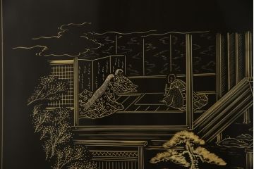 和製ビンテージ　最高級　輪島塗り　沈金　漆絵　若島丈史(若島宗斉)作　蓮如上人絵伝(全六図)が印象的な大ぶりな衝立て(仕切り、パーテーション、つい立て、ヴィンテージ)(定価約350万円)(R-069989)