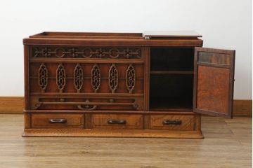 和製アンティーク　激レア　珍品　博物館クラス　特注　欅(ケヤキ)材　黒柿材　古美術　彫刻入りのクラシカルなデザインが美しい長火鉢(囲炉裏、木製火鉢)(R-069999)
