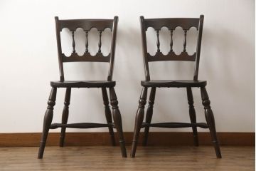 和製ビンテージ　松本民芸家具　#49型A　背もたれの美しいデザインが印象的なワイコムチェア2脚セット(板座チェア、ダイニングチェア、椅子、イス、ヴィンテージ)(定価2脚で約22万円)(R-070010)