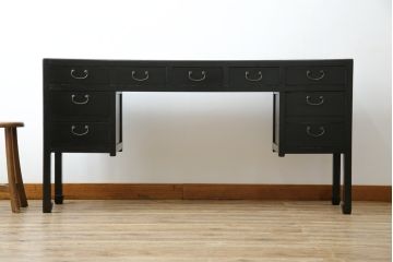 和製アンティーク　希少デザイン　横長デスク　収納力抜群の李朝風コンソールテーブル(両袖机、ワークデスク、作業台、在宅用、在宅ワーク用、引き出し)(R-070064)