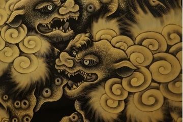 中古　美品　輪島塗り　沈金の迫力ある狛犬とまりの図が魅力的な衝立て(つい立て、衝い立て、パーテーション、間仕切り、店舗什器)(R-070120)