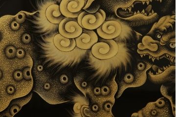 中古　美品　輪島塗り　沈金の迫力ある狛犬とまりの図が魅力的な衝立て(つい立て、衝い立て、パーテーション、間仕切り、店舗什器)(R-070120)