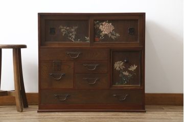 和製アンティーク　高級品!!　前面桑(クワ)材　黒柿材　桐材　銅金具と漆絵が美しく上品な小箪笥(収納タンス、小物収納、引き出し、時代箪笥、和たんす、サイドチェスト)(R-070150)