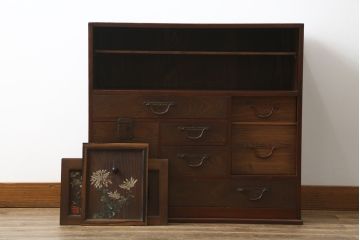 和製アンティーク　高級品!!　前面桑(クワ)材　黒柿材　桐材　銅金具と漆絵が美しく上品な小箪笥(収納タンス、小物収納、引き出し、時代箪笥、和たんす、サイドチェスト)(R-070150)