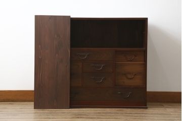 和製アンティーク　高級品!!　前面桑(クワ)材　黒柿材　桐材　銅金具と漆絵が美しく上品な小箪笥(収納タンス、小物収納、引き出し、時代箪笥、和たんす、サイドチェスト)(R-070150)