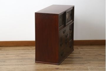 和製アンティーク　高級品!!　前面桑(クワ)材　黒柿材　桐材　銅金具と漆絵が美しく上品な小箪笥(収納タンス、小物収納、引き出し、時代箪笥、和たんす、サイドチェスト)(R-070150)