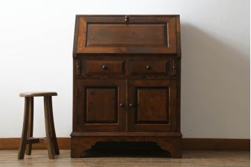 中古　松本民芸家具　上品な雰囲気漂うライティングビューロー(ワークデスク、簿記机、在宅用、在宅ワーク用、収納棚、戸棚、サイドキャビネット)(R-070167)