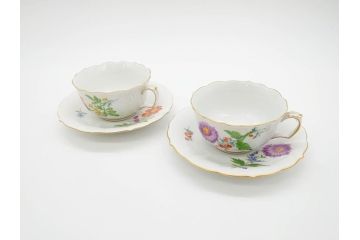 ドイツ　マイセン　Meissen　ベーシックフラワー　二つ花　ティータイムが華やかになるティーカップ&ソーサー2客セット(洋食器、C&S)(R-070193)
