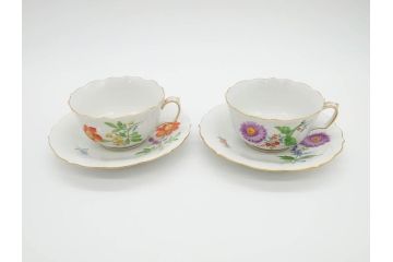ドイツ　マイセン　Meissen　ベーシックフラワー　二つ花　ティータイムが華やかになるティーカップ&ソーサー2客セット(洋食器、C&S)(R-070193)