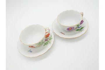 ドイツ　マイセン　Meissen　ベーシックフラワー　二つ花　ティータイムが華やかになるティーカップ&ソーサー2客セット(洋食器、C&S)(R-070193)