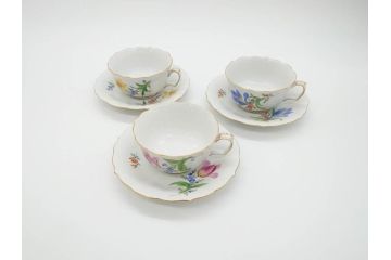ドイツ　マイセン　Meissen　ベーシックフラワー　二つ花　ティータイムが華やかになるティーカップ&ソーサー3客セット(洋食器、C&S)(R-070195)