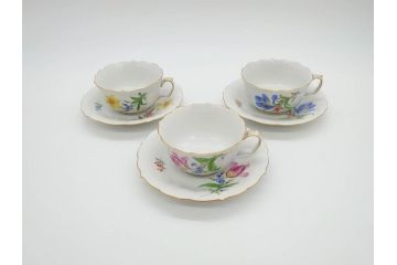 ドイツ　マイセン　Meissen　ベーシックフラワー　二つ花　ティータイムが華やかになるティーカップ&ソーサー3客セット(洋食器、C&S)(R-070195)