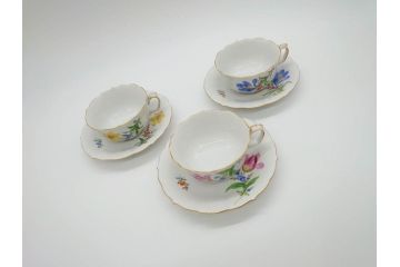 ドイツ　マイセン　Meissen　ベーシックフラワー　二つ花　ティータイムが華やかになるティーカップ&ソーサー3客セット(洋食器、C&S)(R-070195)