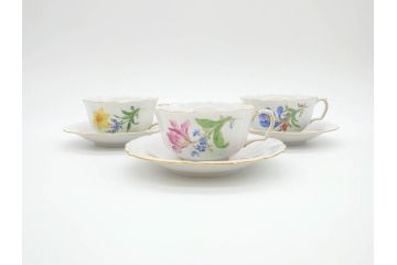 ドイツ　マイセン　Meissen　ベーシックフラワー　二つ花　ティータイムが華やかになるティーカップ&ソーサー3客セット(洋食器、C&S)(R-070195)