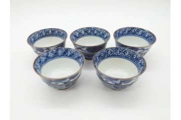 加藤利昌　清水焼　染付　祥瑞文　落ち着いた和の雰囲気にぴったりの湯呑み5客セット(湯のみ、蕎麦猪口、和食器)(R-070211)