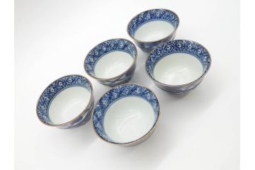 加藤利昌　清水焼　染付　祥瑞文　落ち着いた和の雰囲気にぴったりの湯呑み5客セット(湯のみ、蕎麦猪口、和食器)(R-070211)