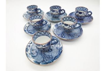 加藤利昌　清水焼　染付　祥瑞文　落ち着いた雰囲気が素敵なコーヒーカップ&ソーサー6客セット(珈琲碗皿、和食器)(R-070212)