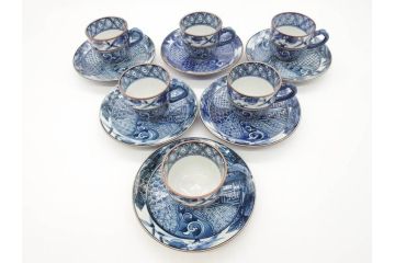 加藤利昌　清水焼　染付　祥瑞文　落ち着いた雰囲気が素敵なコーヒーカップ&ソーサー6客セット(珈琲碗皿、和食器)(R-070212)