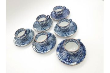 加藤利昌　清水焼　染付　祥瑞文　落ち着いた雰囲気が素敵なコーヒーカップ&ソーサー6客セット(珈琲碗皿、和食器)(R-070212)