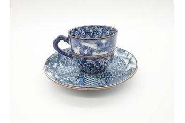 加藤利昌　清水焼　染付　祥瑞文　落ち着いた雰囲気が素敵なコーヒーカップ&ソーサー6客セット(珈琲碗皿、和食器)(R-070212)