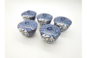加藤利昌　清水焼　染付　描かれた鳳凰が美しい蓋付き湯呑み5客セット(和食器、湯のみ、茶碗)(R-070213)