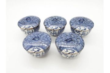 加藤利昌　清水焼　染付　描かれた鳳凰が美しい蓋付き湯呑み5客セット(和食器、湯のみ、茶碗)(R-070213)