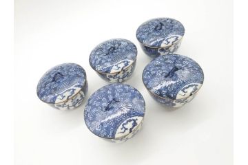 加藤利昌　清水焼　染付　描かれた鳳凰が美しい蓋付き湯呑み5客セット(和食器、湯のみ、茶碗)(R-070213)