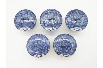 加藤利昌　清水焼　染付　描かれた鳳凰が美しい蓋付き湯呑み5客セット(和食器、湯のみ、茶碗)(R-070213)