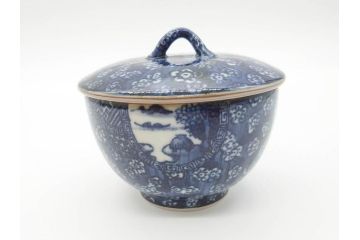 加藤利昌　清水焼　染付　描かれた鳳凰が美しい蓋付き湯呑み5客セット(和食器、湯のみ、茶碗)(R-070213)