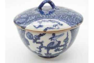 加藤利昌　清水焼　染付　描かれた鳳凰が美しい蓋付き湯呑み5客セット(和食器、湯のみ、茶碗)(R-070213)
